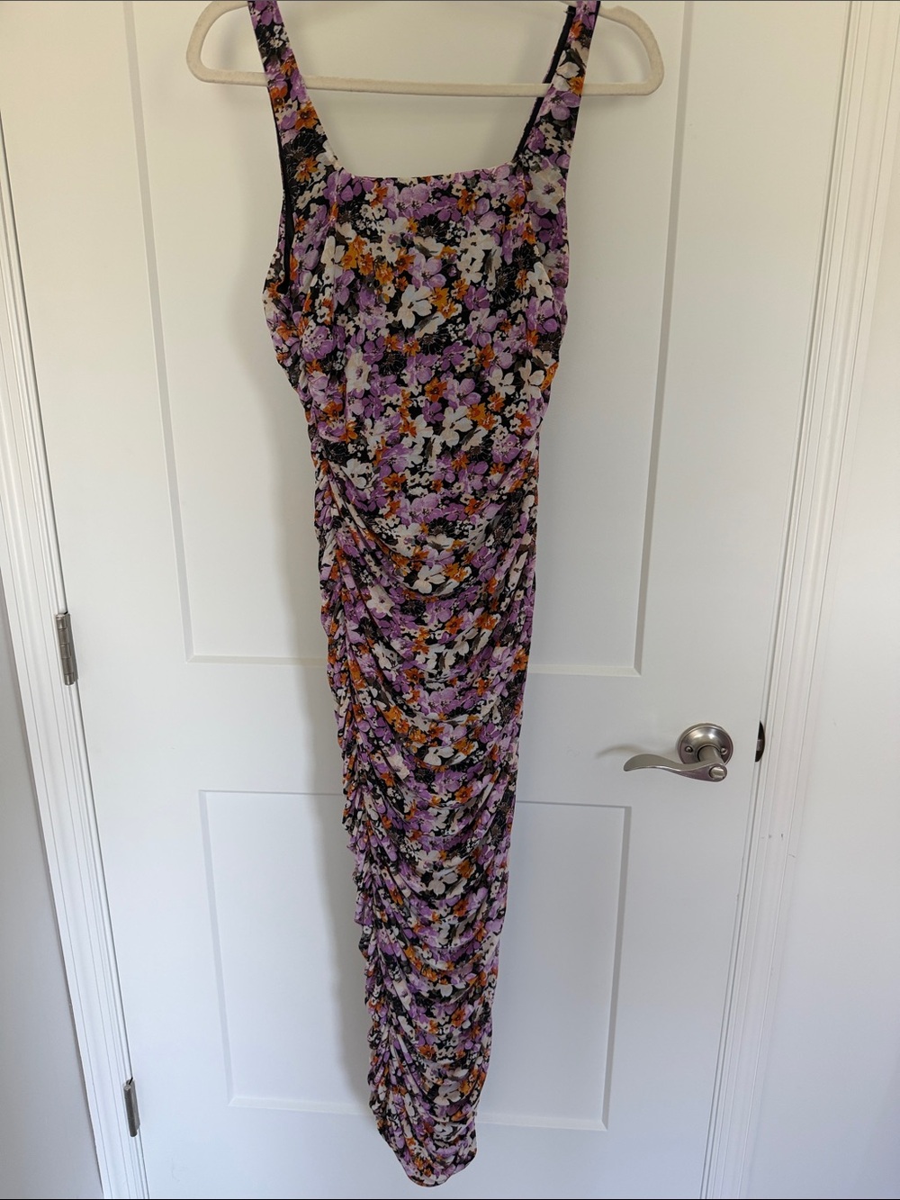 Floral Ruched Maxi Dress in Purple, White & Orange
